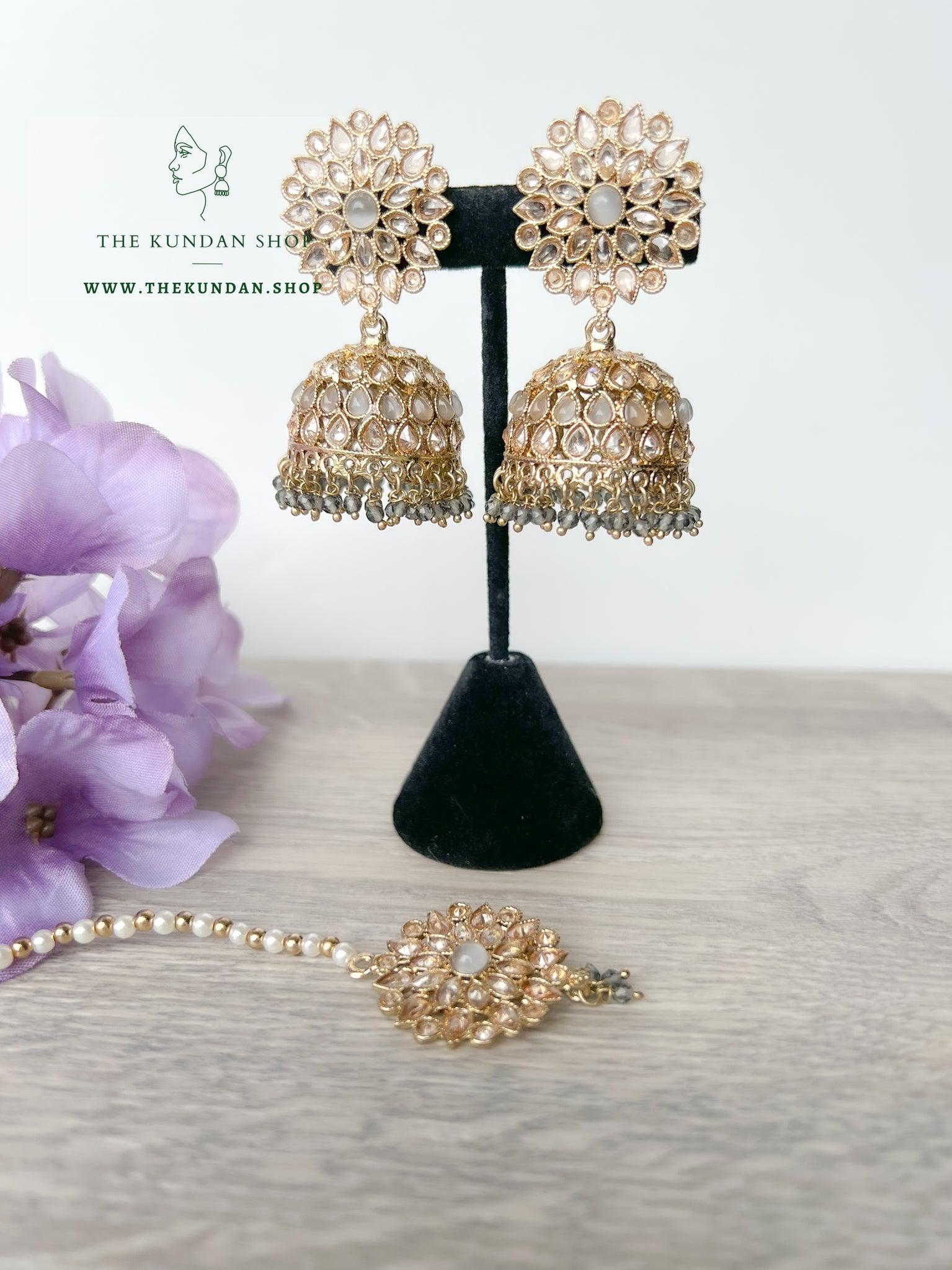 Misty Jhumkis in Grey Earrings + Tikka THE KUNDAN SHOP 