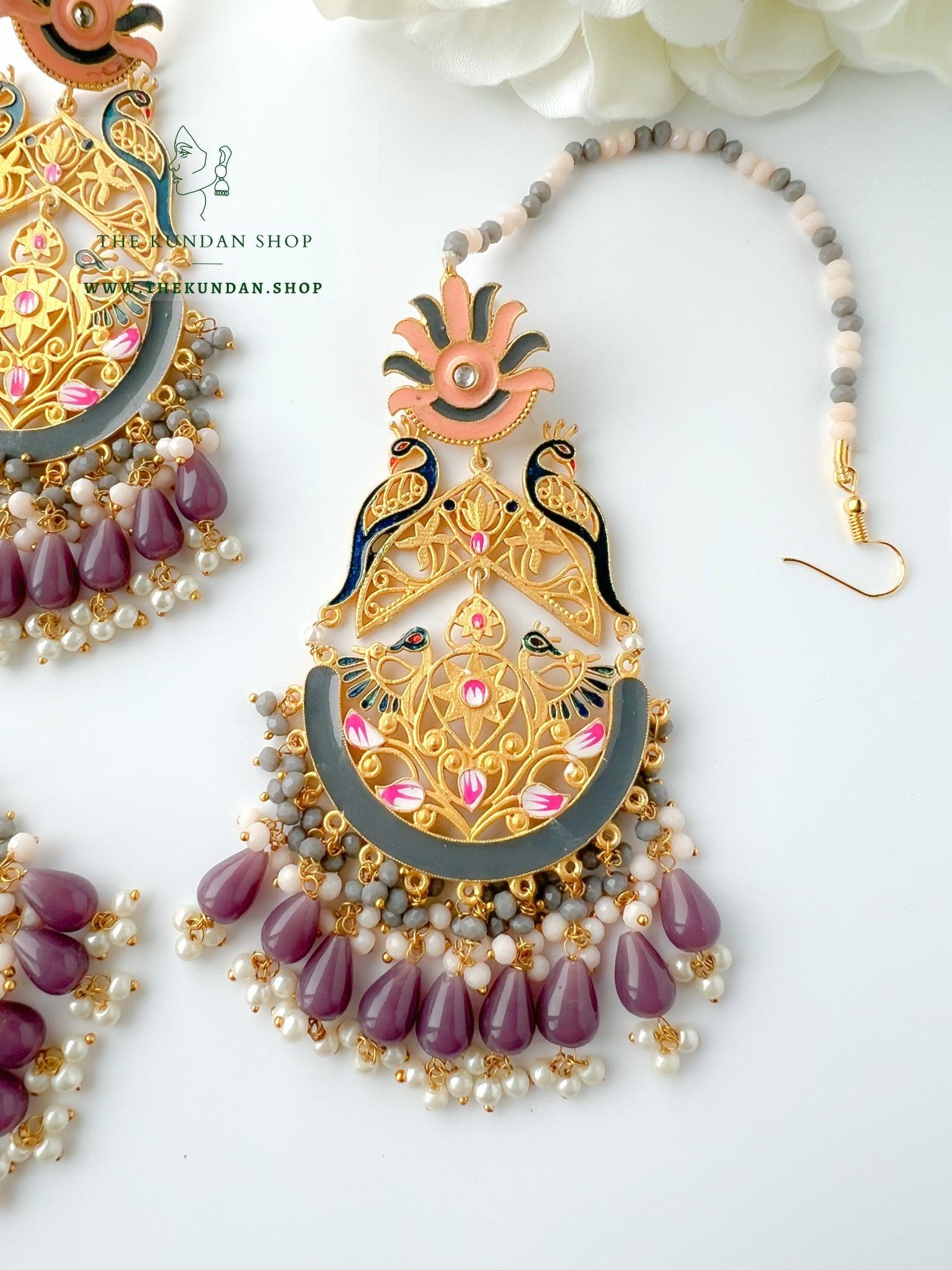 Serene Moorni in Grey, Purple Earrings + Tikka THE KUNDAN SHOP 