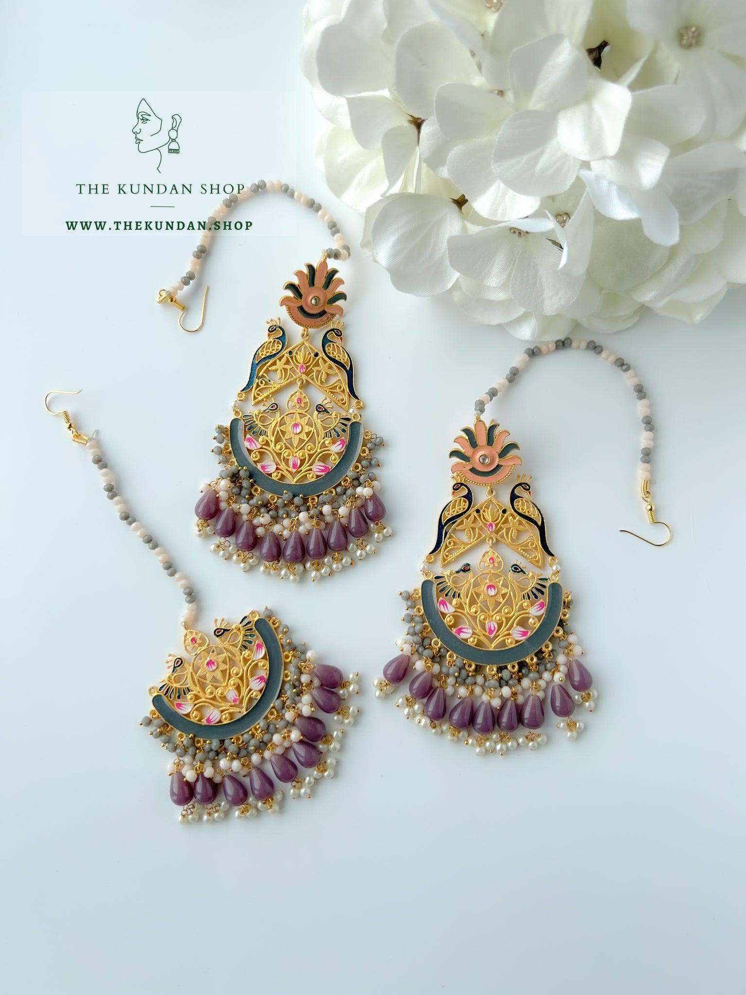 Serene Moorni in Grey, Purple Earrings + Tikka THE KUNDAN SHOP 