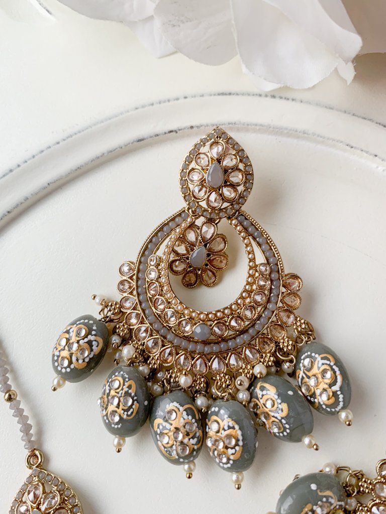 Devoted in Grey Earrings + Tikka THE KUNDAN SHOP 