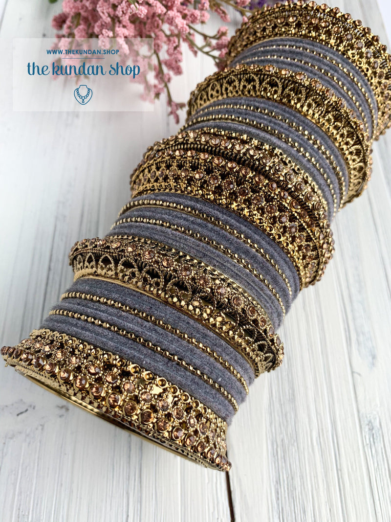 Grey Velvet & Bronze Bangle Set Bangles THE KUNDAN SHOP 