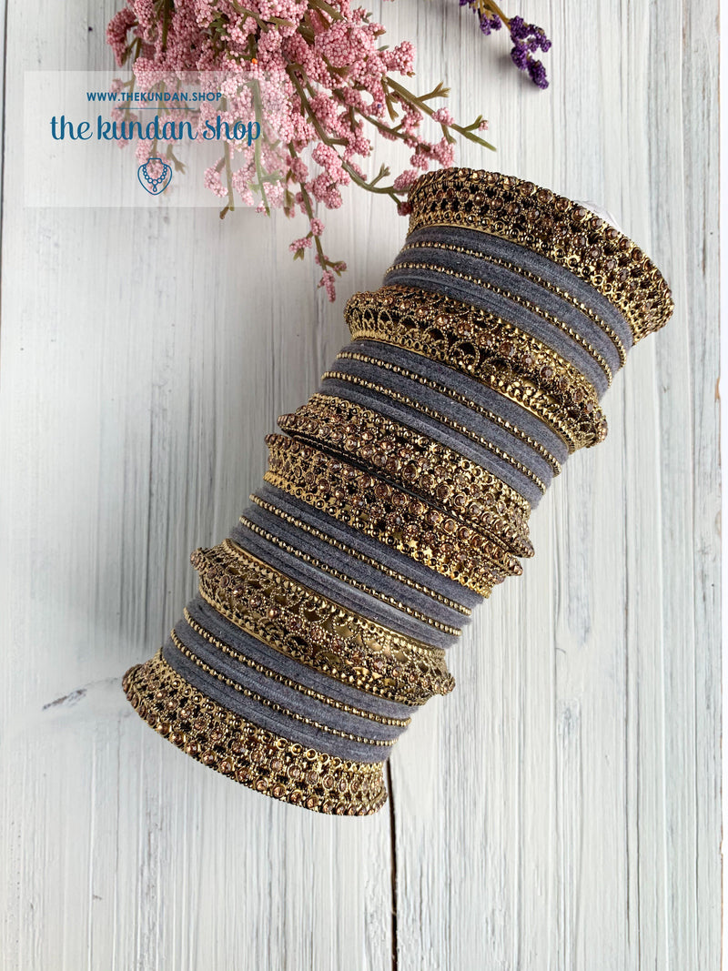 Grey Velvet & Bronze Bangle Set Bangles THE KUNDAN SHOP 