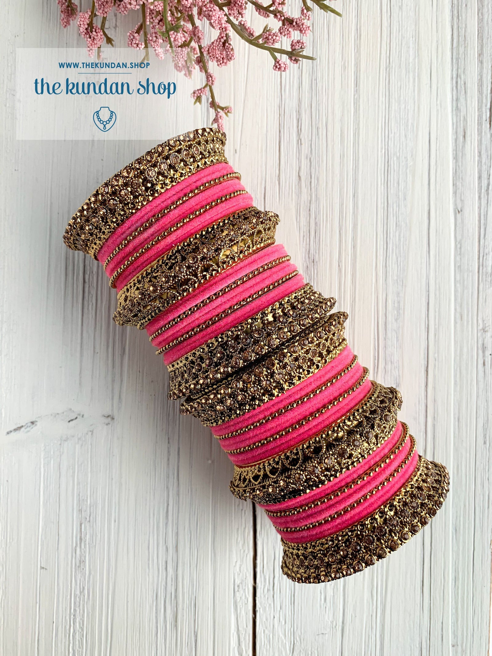 Hot Pink Velvet & Bronze Bangle Set Bangles THE KUNDAN SHOP 
