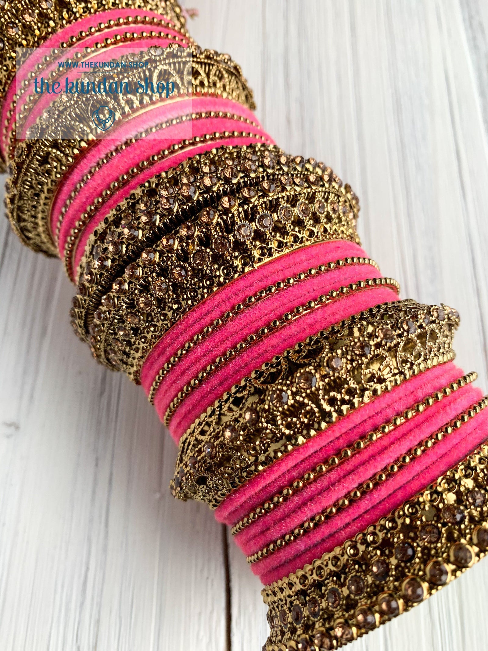 Hot Pink Velvet & Bronze Bangle Set Bangles THE KUNDAN SHOP 