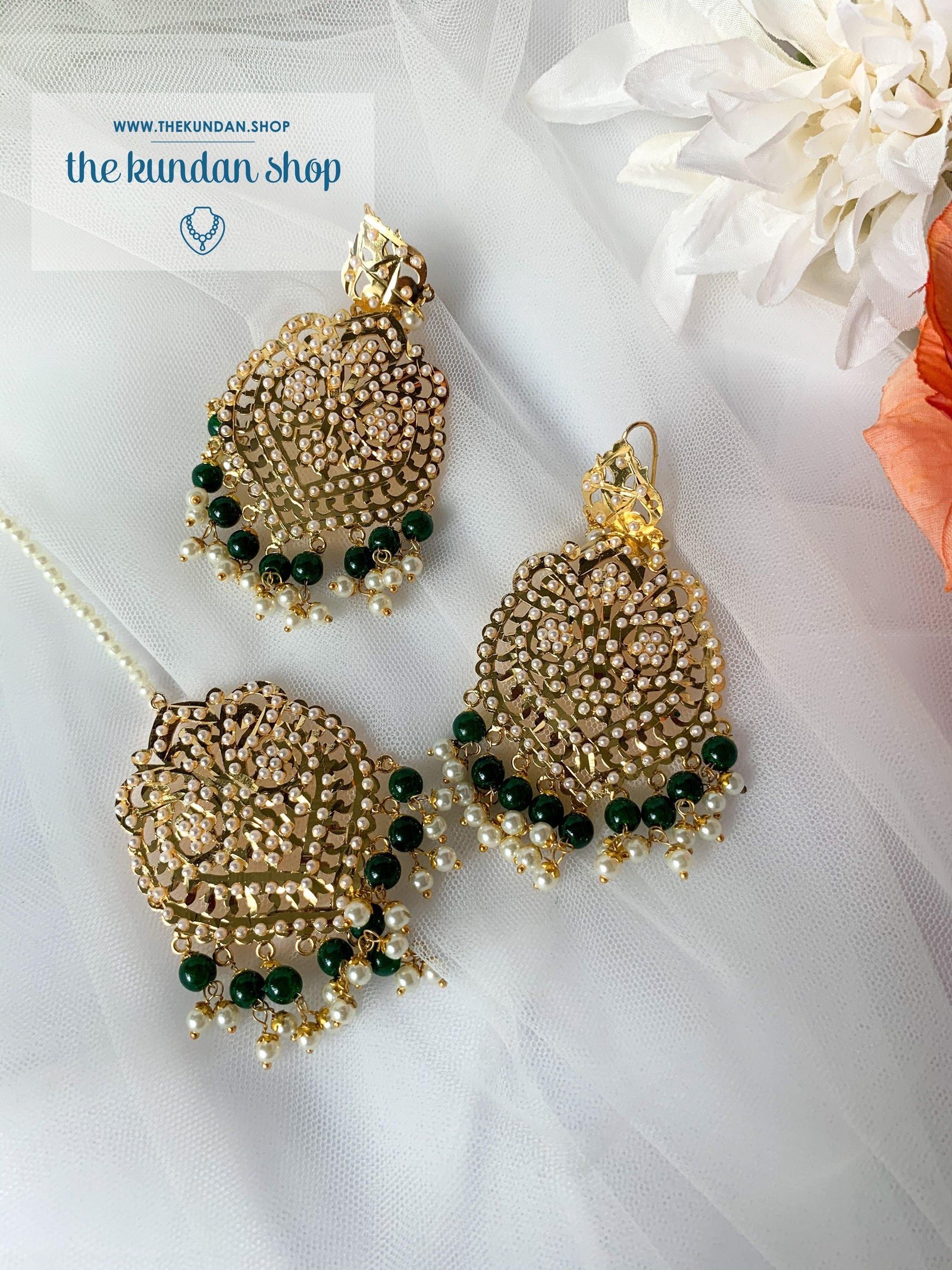 Steady in Green Earrings + Tikka THE KUNDAN SHOP 