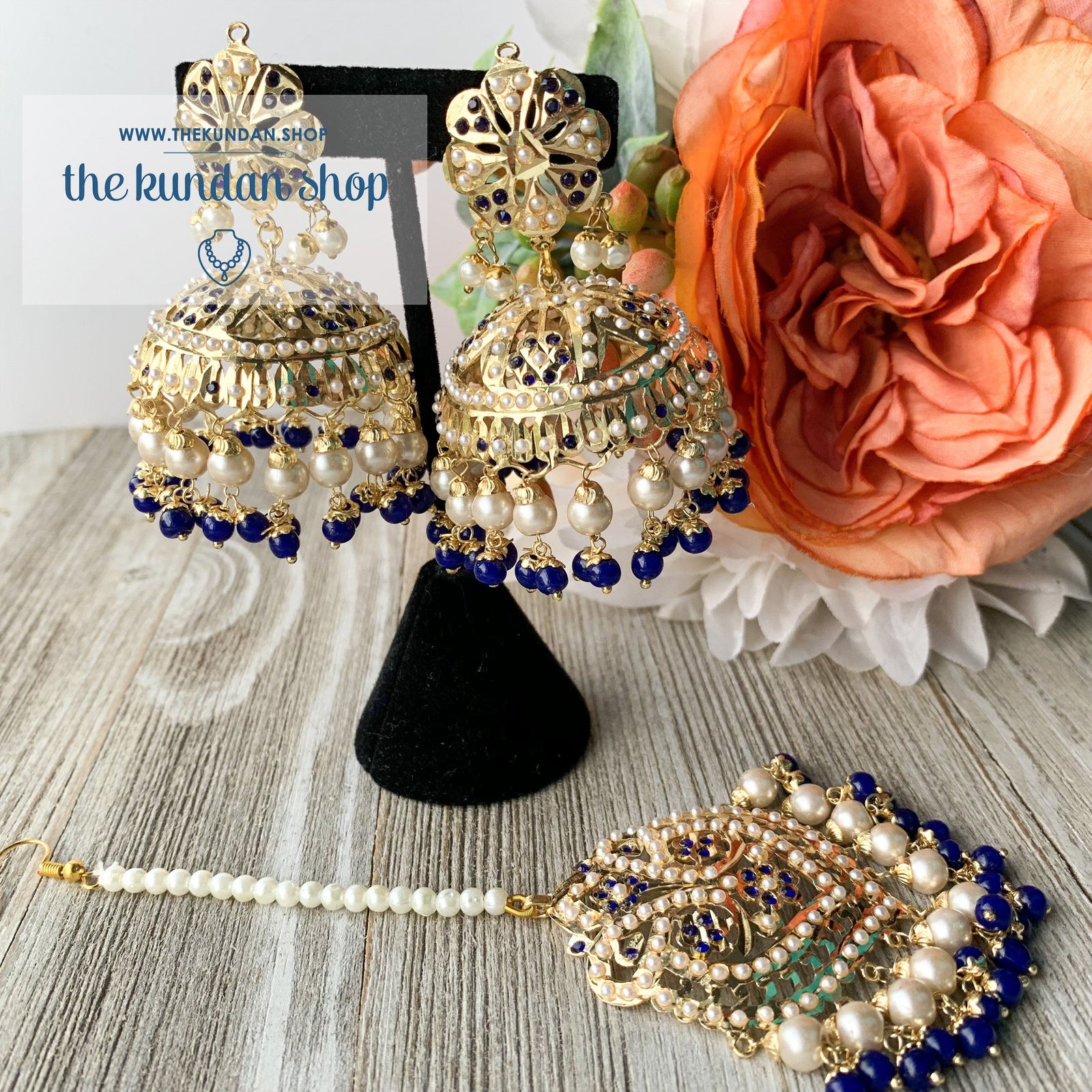 Classic Jumki's - Blue, Earrings + Tikka - THE KUNDAN SHOP