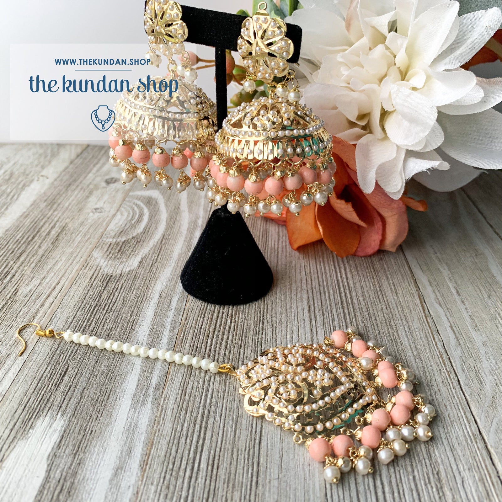 Classic Jumki's - Peach, Earrings + Tikka - THE KUNDAN SHOP