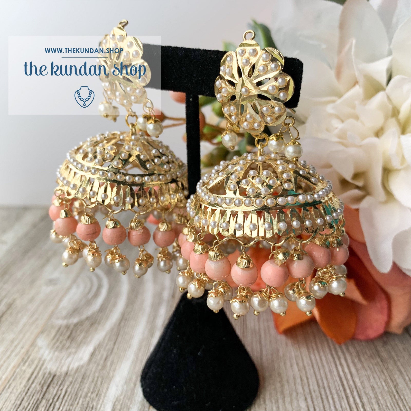 Classic Jumki's - Peach, Earrings + Tikka - THE KUNDAN SHOP