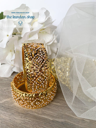 Jadau Bangle Pair in Pearl Bangles THE KUNDAN SHOP 