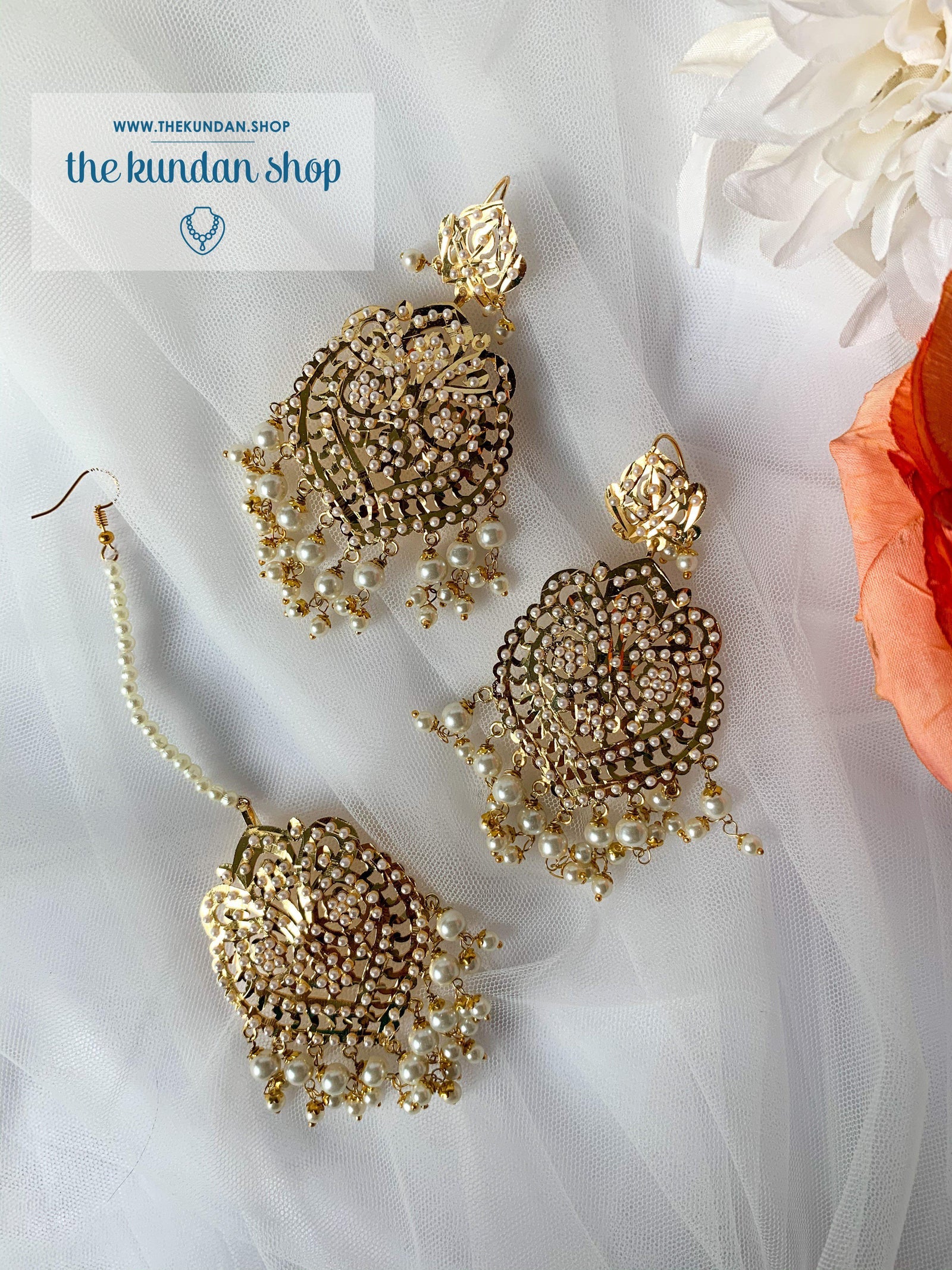 Steady in Pearl Earrings + Tikka THE KUNDAN SHOP 
