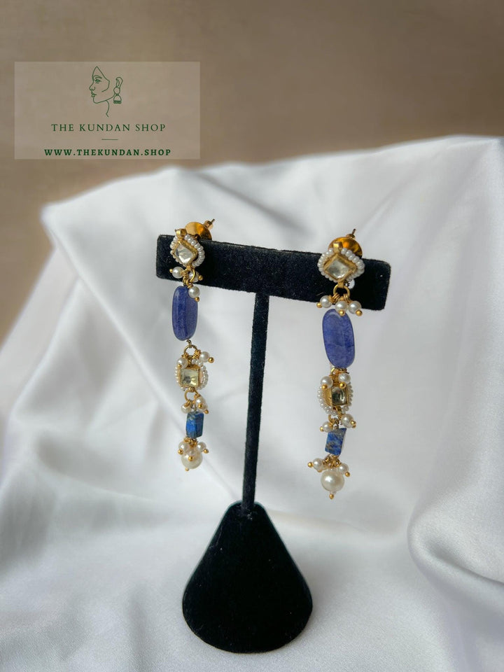 Thin Drop Kundan Earrings Earrings THE KUNDAN SHOP Blue 