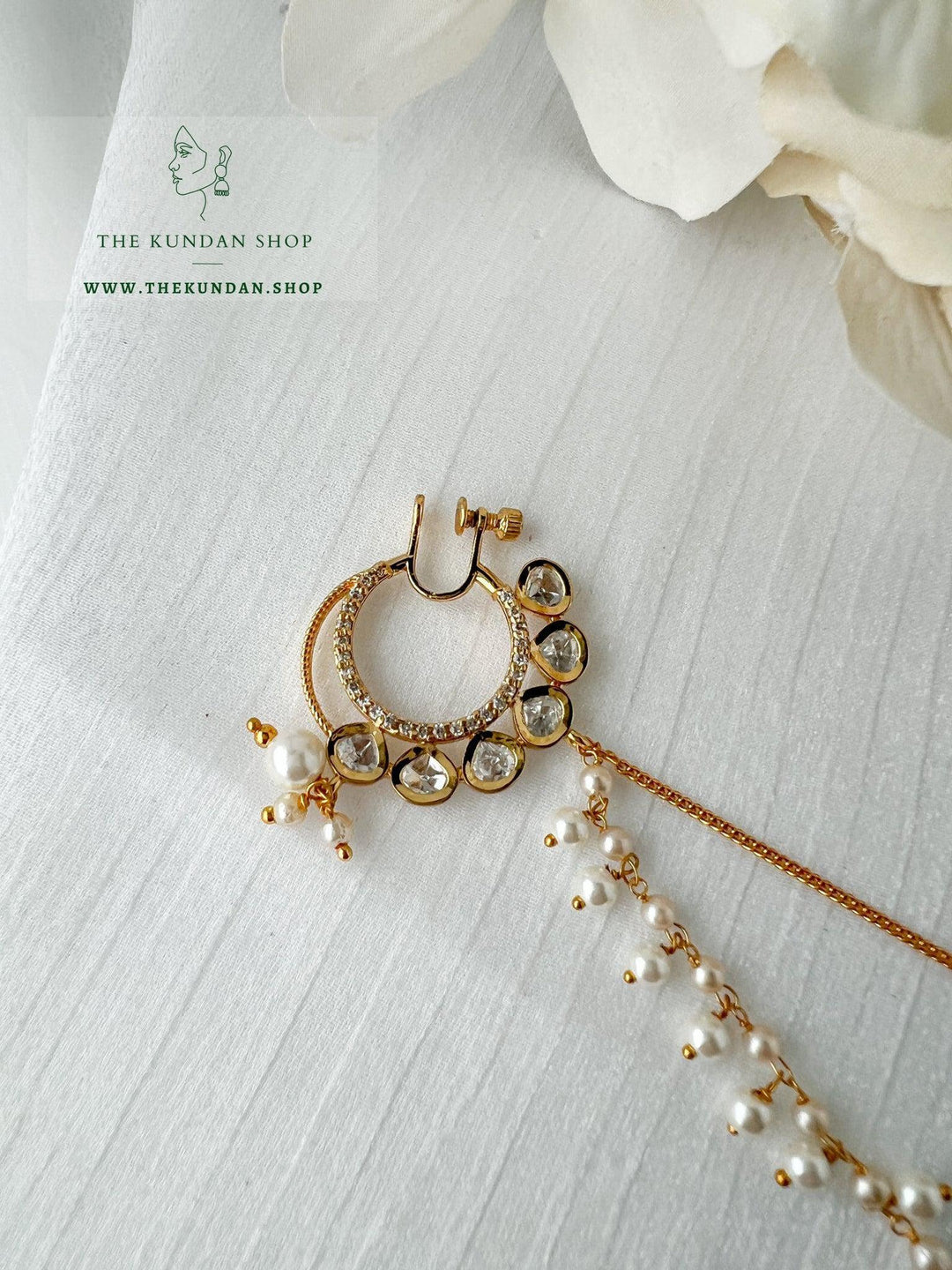 Bridal Kundan Nose Ring with Sahary - Non Pierce Naath THE KUNDAN SHOP Pearl 
