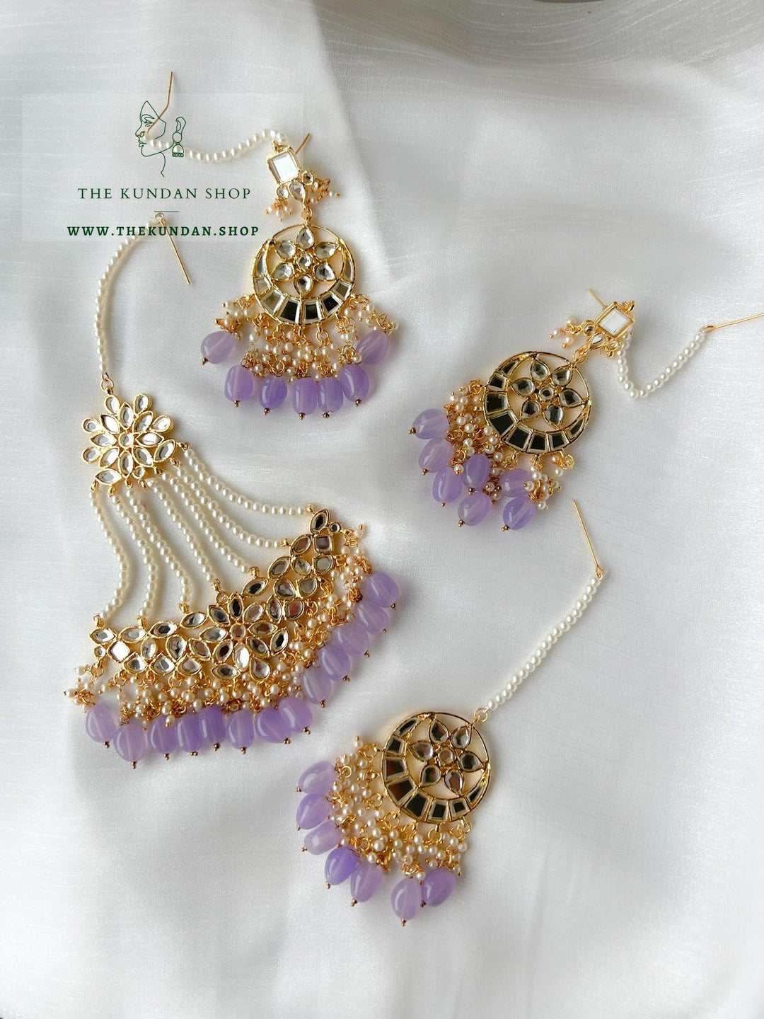 Flashy Mirror in Lavender Earrings + Tikka THE KUNDAN SHOP 