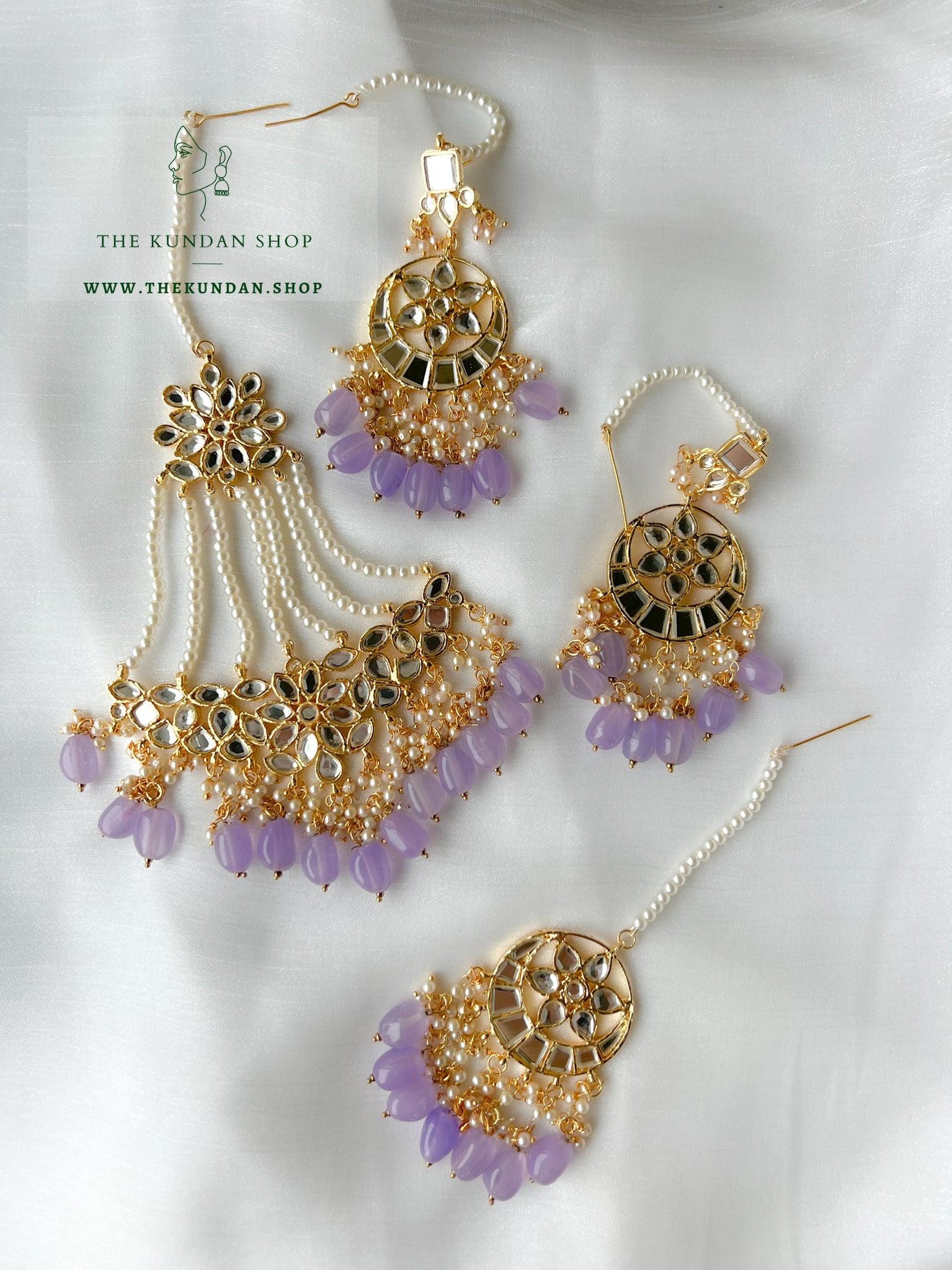 Flashy Mirror in Lavender Earrings + Tikka THE KUNDAN SHOP 