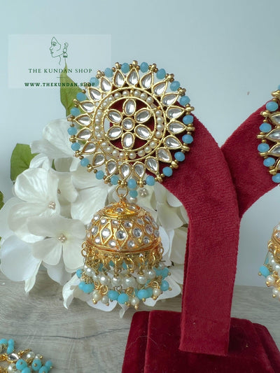 Floret Jhumkis in Blue Earrings + Tikka THE KUNDAN SHOP 