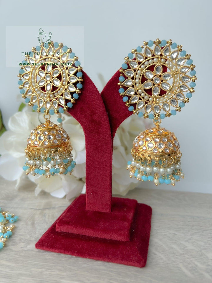 Floret Jhumkis in Blue Earrings + Tikka THE KUNDAN SHOP 