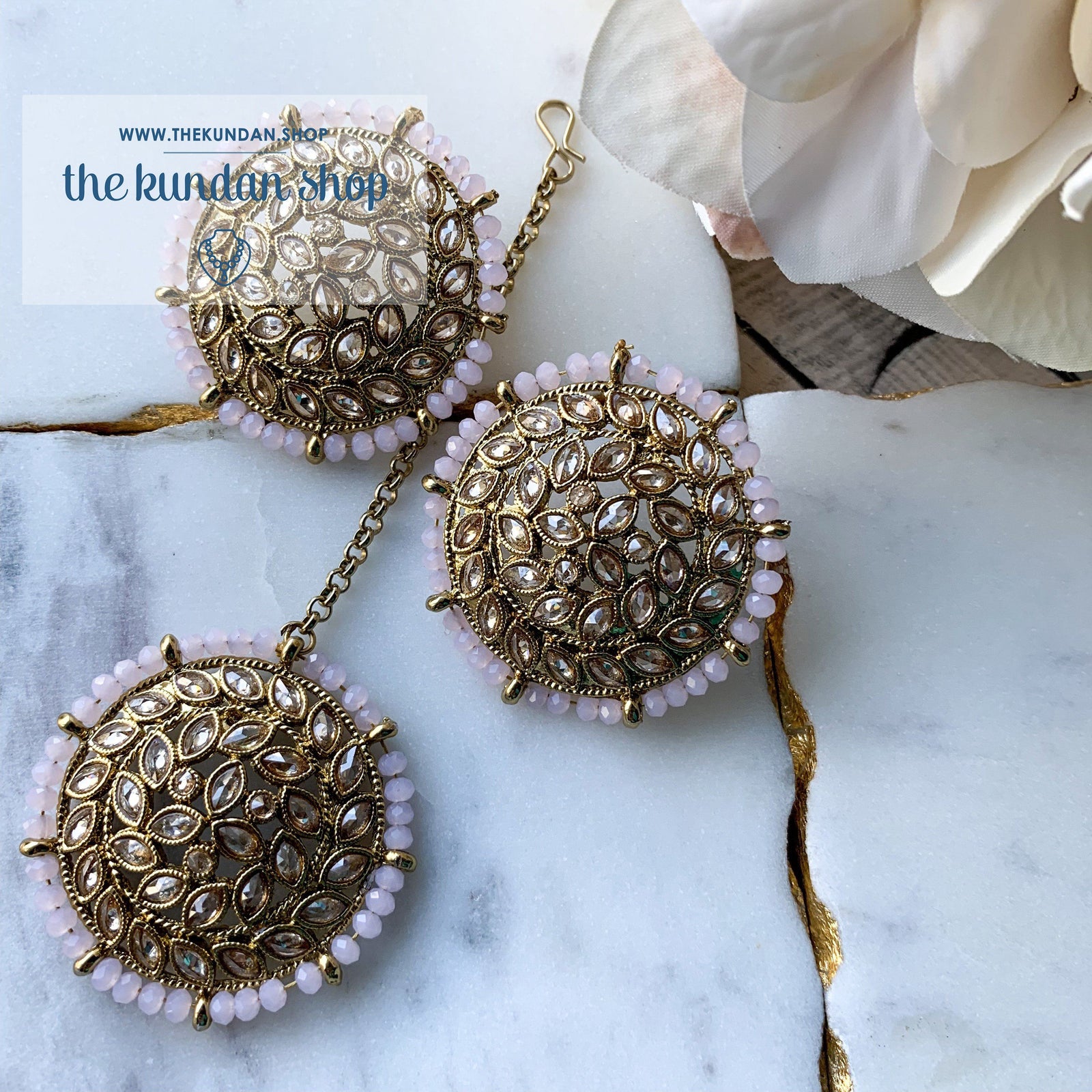 Petals in Polki - Light Pink, Earrings + Tikka - THE KUNDAN SHOP