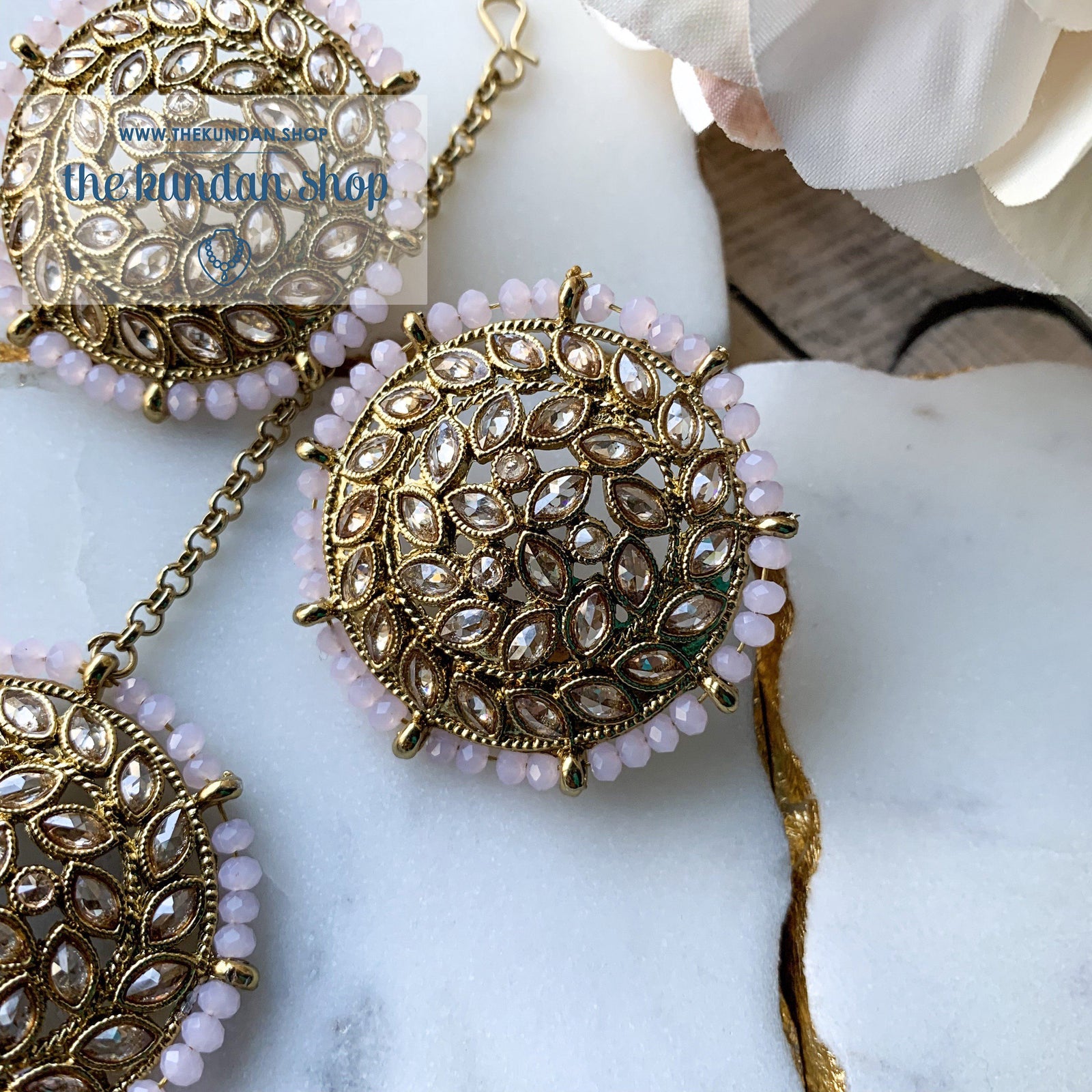 Petals in Polki - Light Pink, Earrings + Tikka - THE KUNDAN SHOP