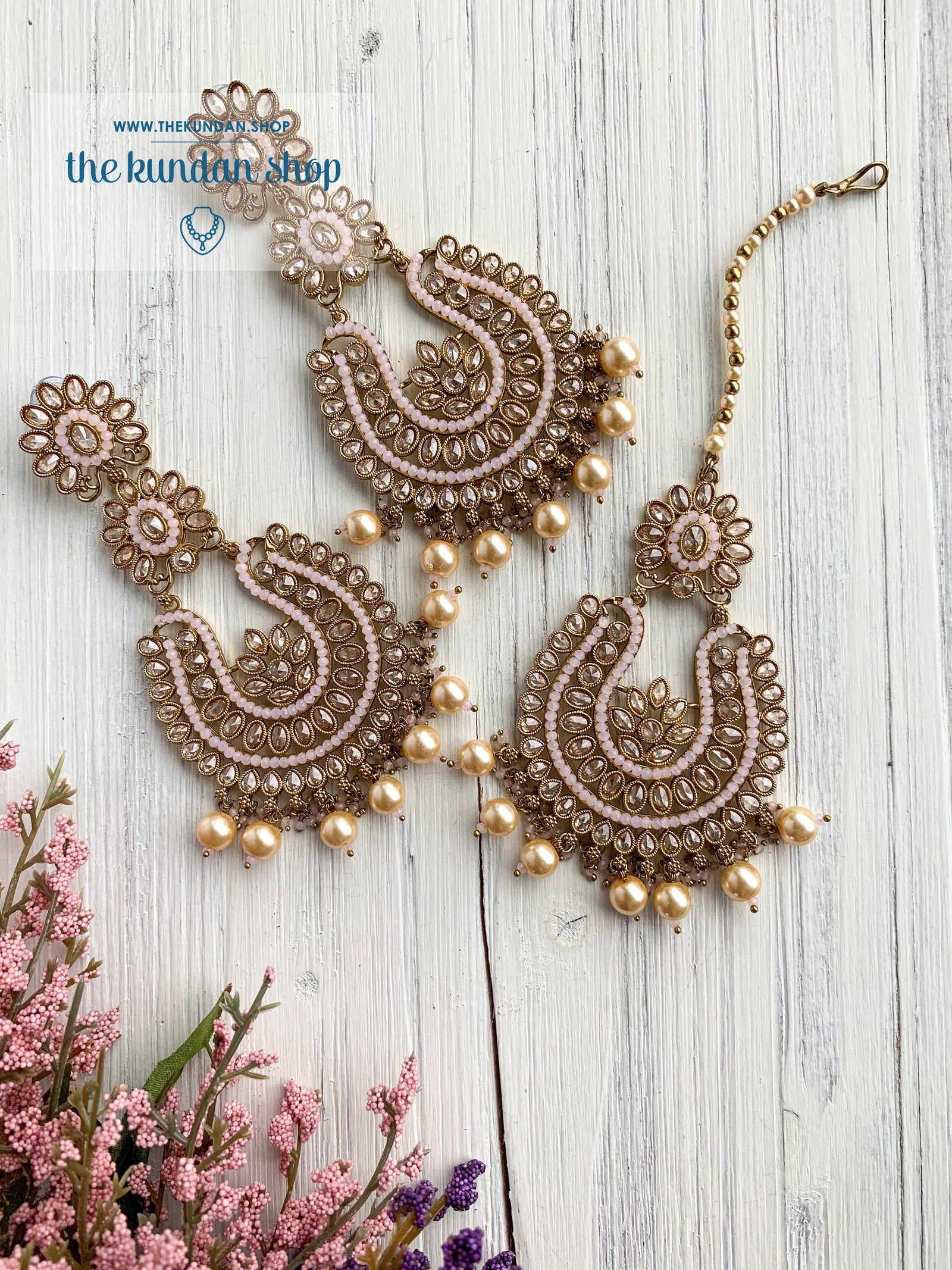 Light-Hearted in Light Pink Earrings + Tikka THE KUNDAN SHOP 