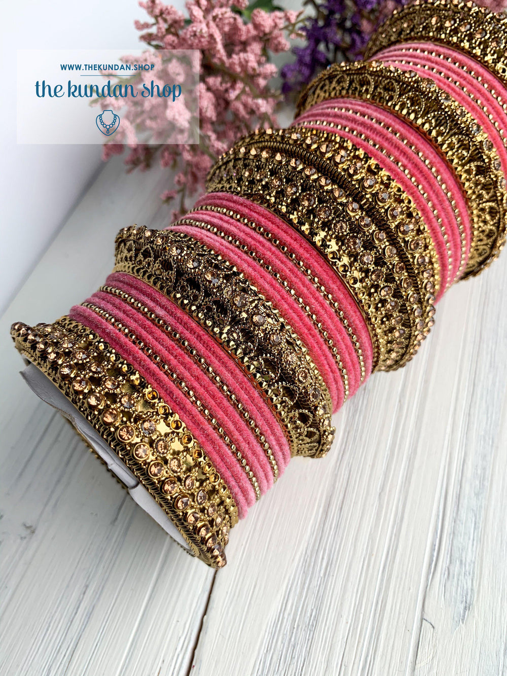 Light Pink Velvet & Bronze Bangle Set Bangles THE KUNDAN SHOP 