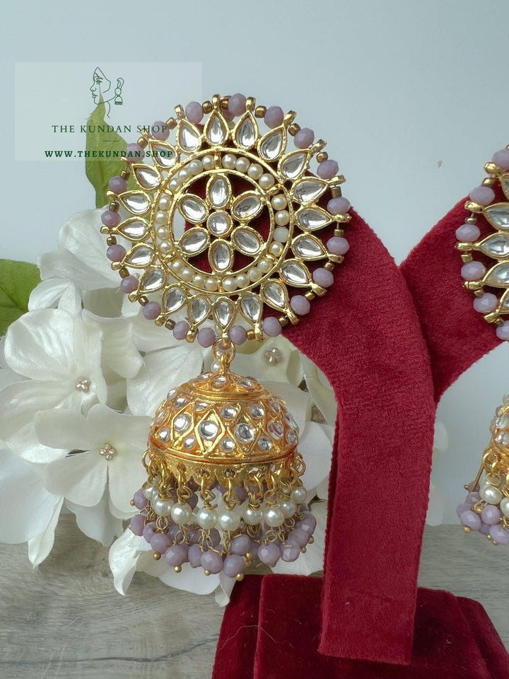 Floret Jhumkis in Grey Lilac Earrings + Tikka THE KUNDAN SHOP 