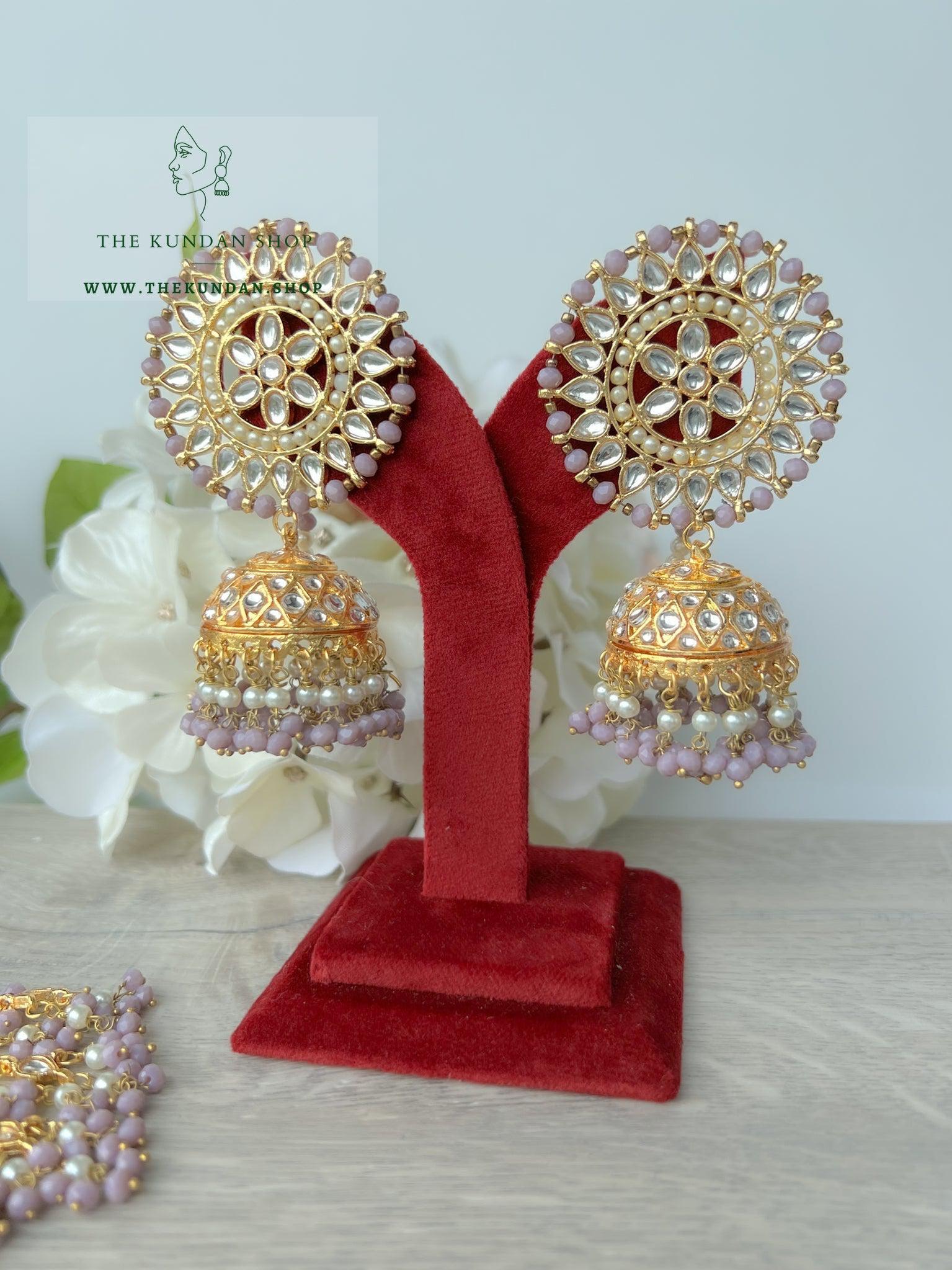 Floret Jhumkis in Grey Lilac Earrings + Tikka THE KUNDAN SHOP 