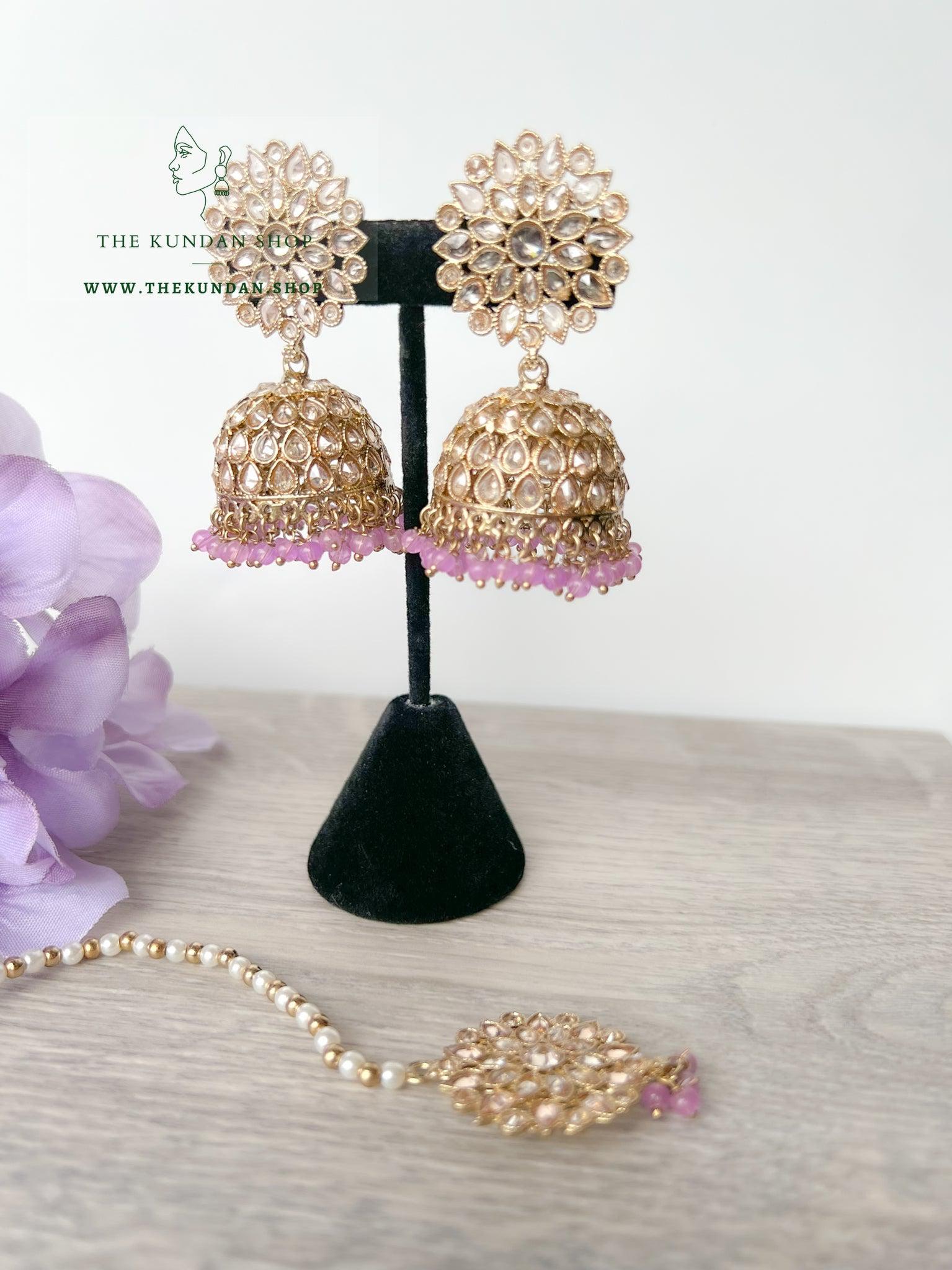 Misty Jhumkis in Lilac Earrings + Tikka THE KUNDAN SHOP 