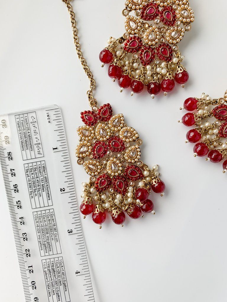 Plentiful in Maroon Earrings + Tikka THE KUNDAN SHOP 