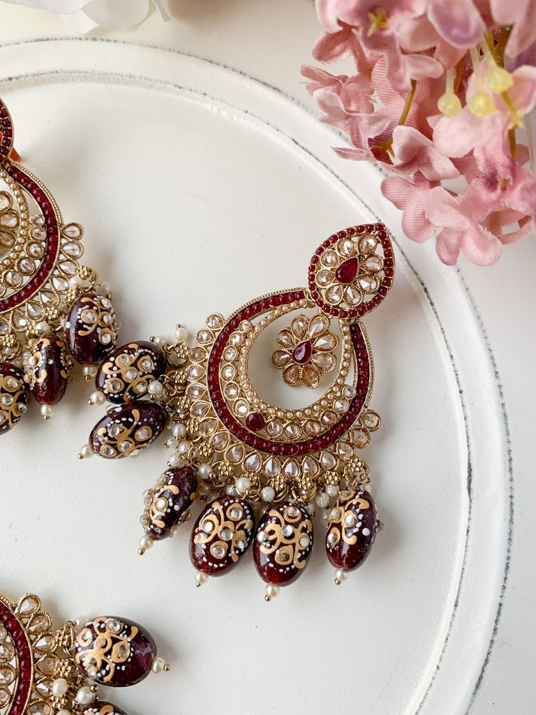Devoted in Maroon Earrings + Tikka THE KUNDAN SHOP 