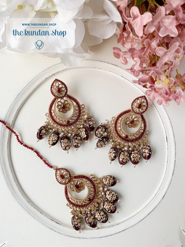 Devoted in Maroon Earrings + Tikka THE KUNDAN SHOP 