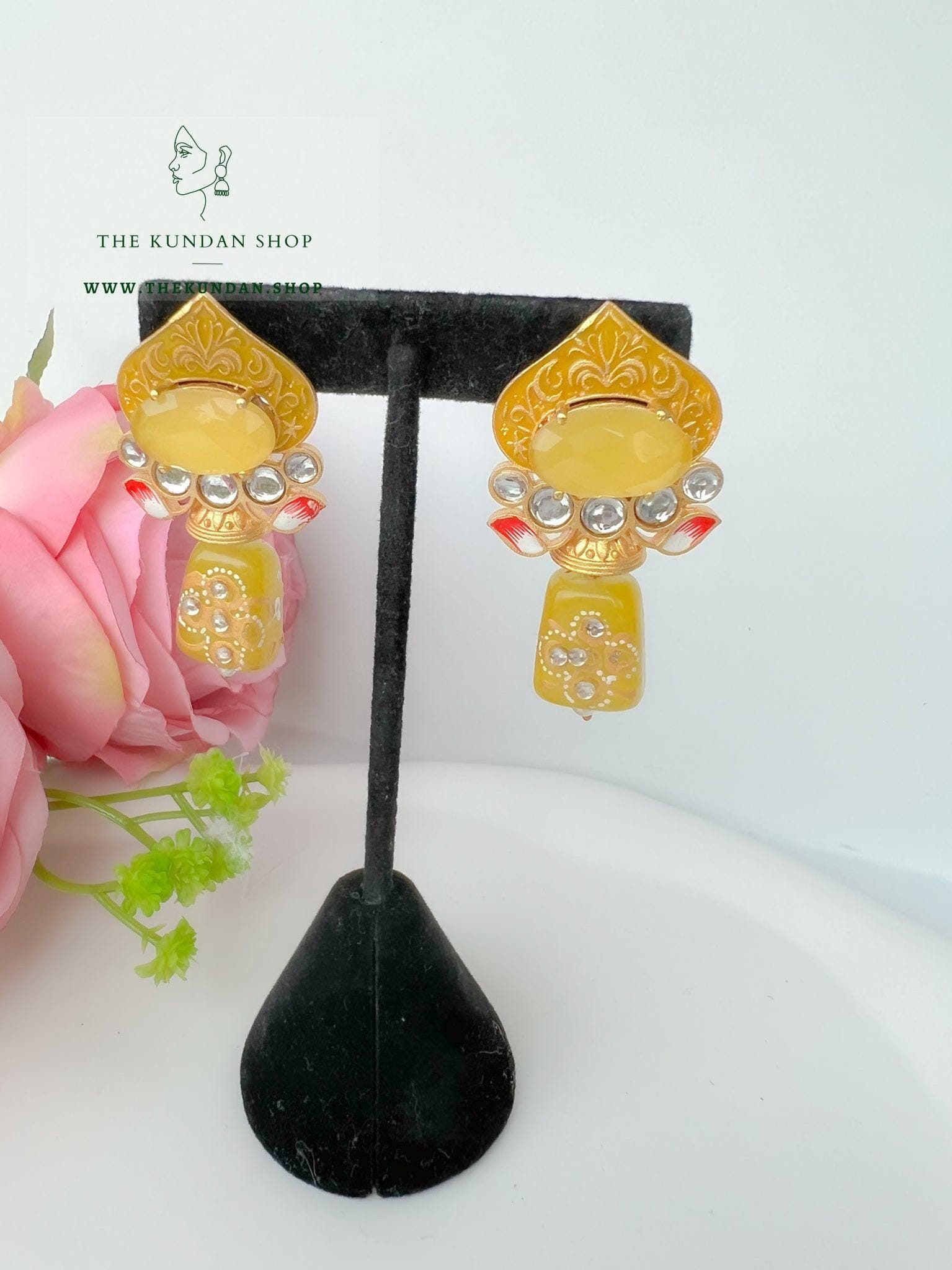 Spade Drops in Meena Earrings THE KUNDAN SHOP Yellow 