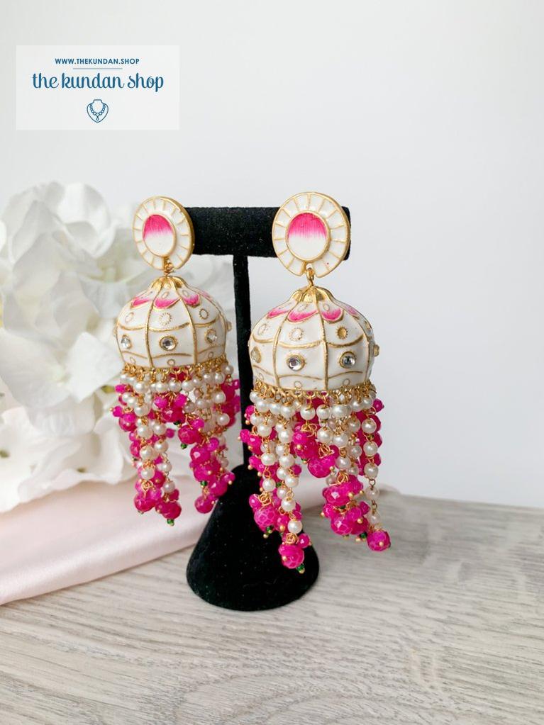 Beaded Drops in Meena Earrings THE KUNDAN SHOP White & Pink 