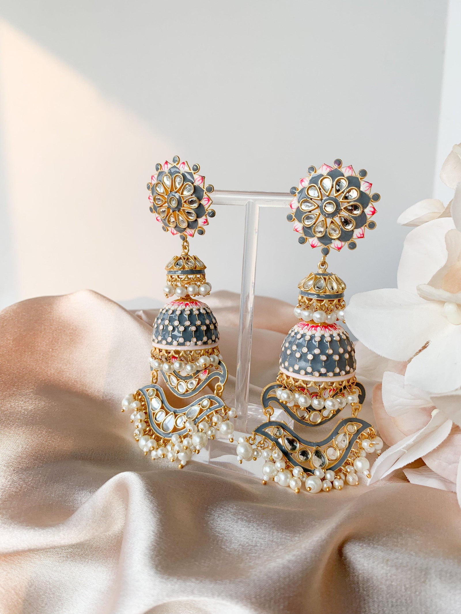 Delicate in Meena Earrings THE KUNDAN SHOP Grey 