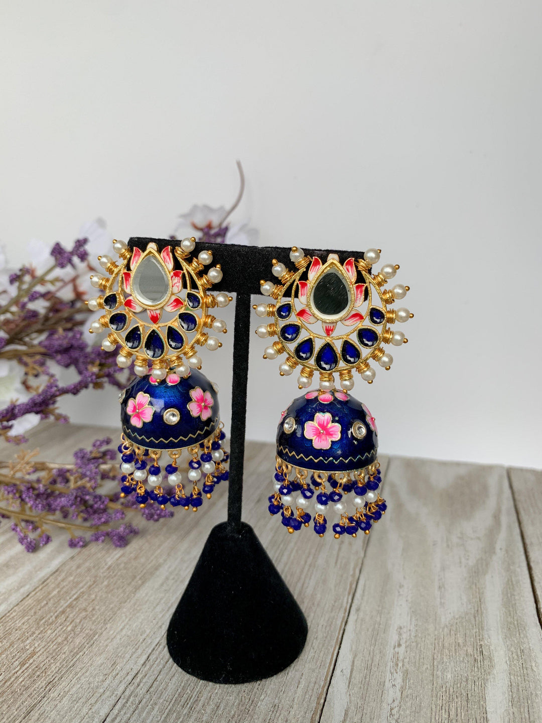 Summer Floral Jhumki's Earrings THE KUNDAN SHOP Dark Blue 