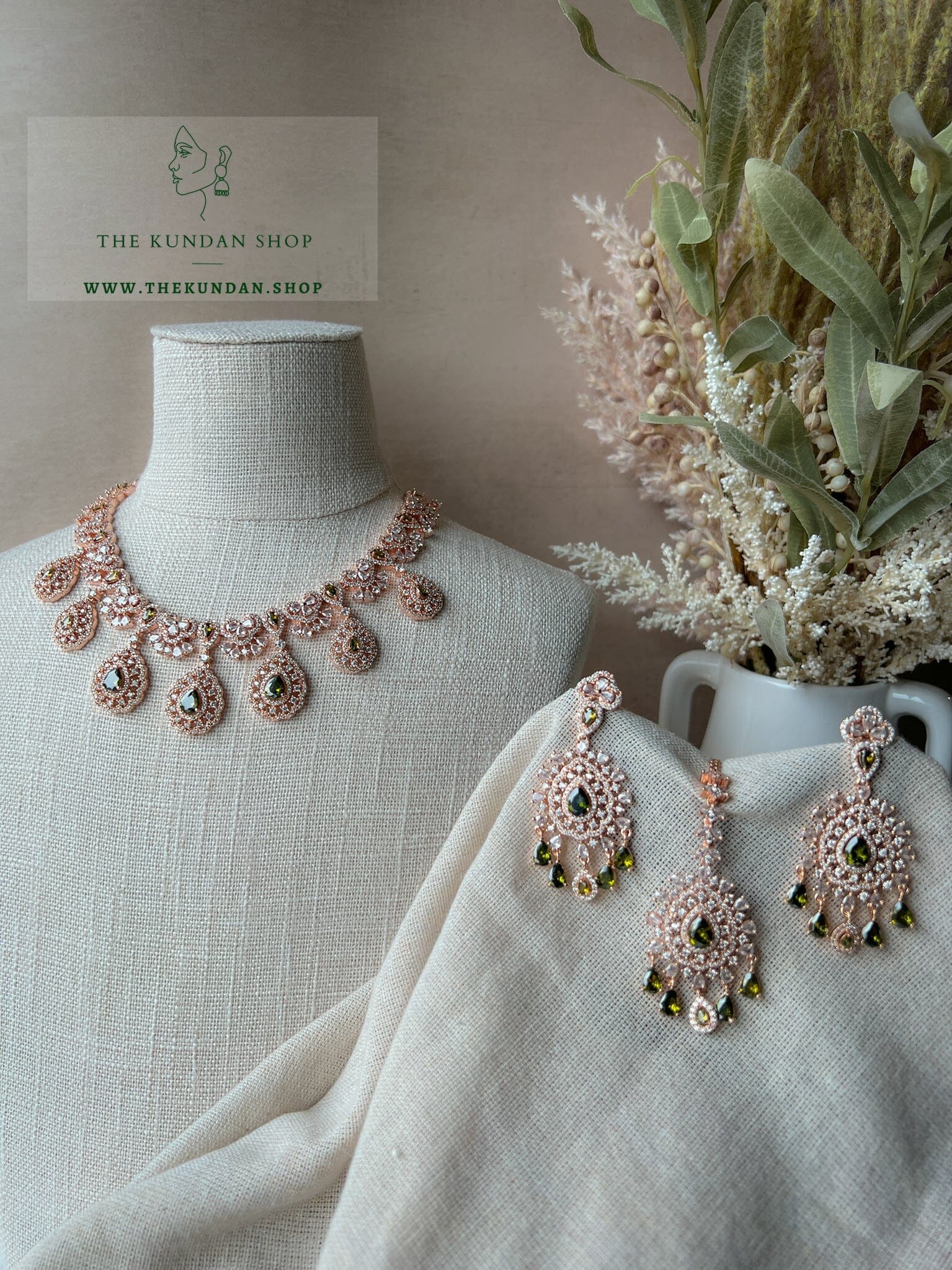 Resilient in Rose Gold & Mehendi Green Necklace Sets THE KUNDAN SHOP 