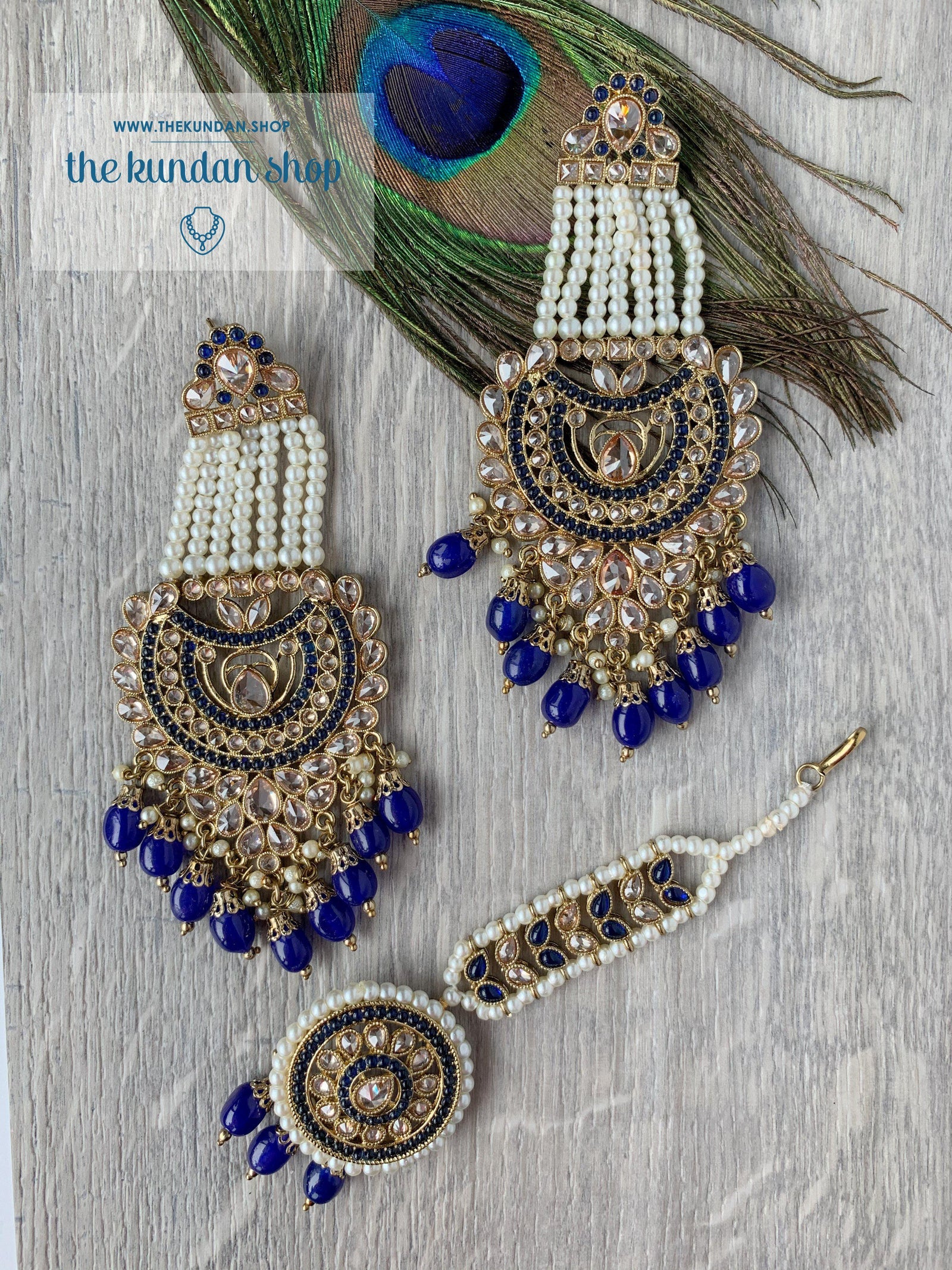 Illusion Set in Midnight Blue Earrings + Tikka THE KUNDAN SHOP 