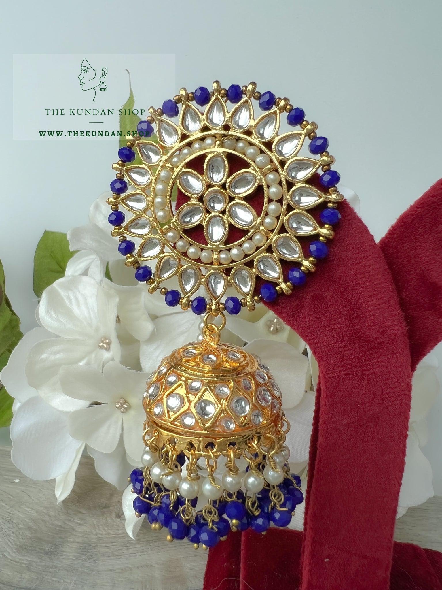 Floret Jhumkis in Midnight Blue Earrings + Tikka THE KUNDAN SHOP 