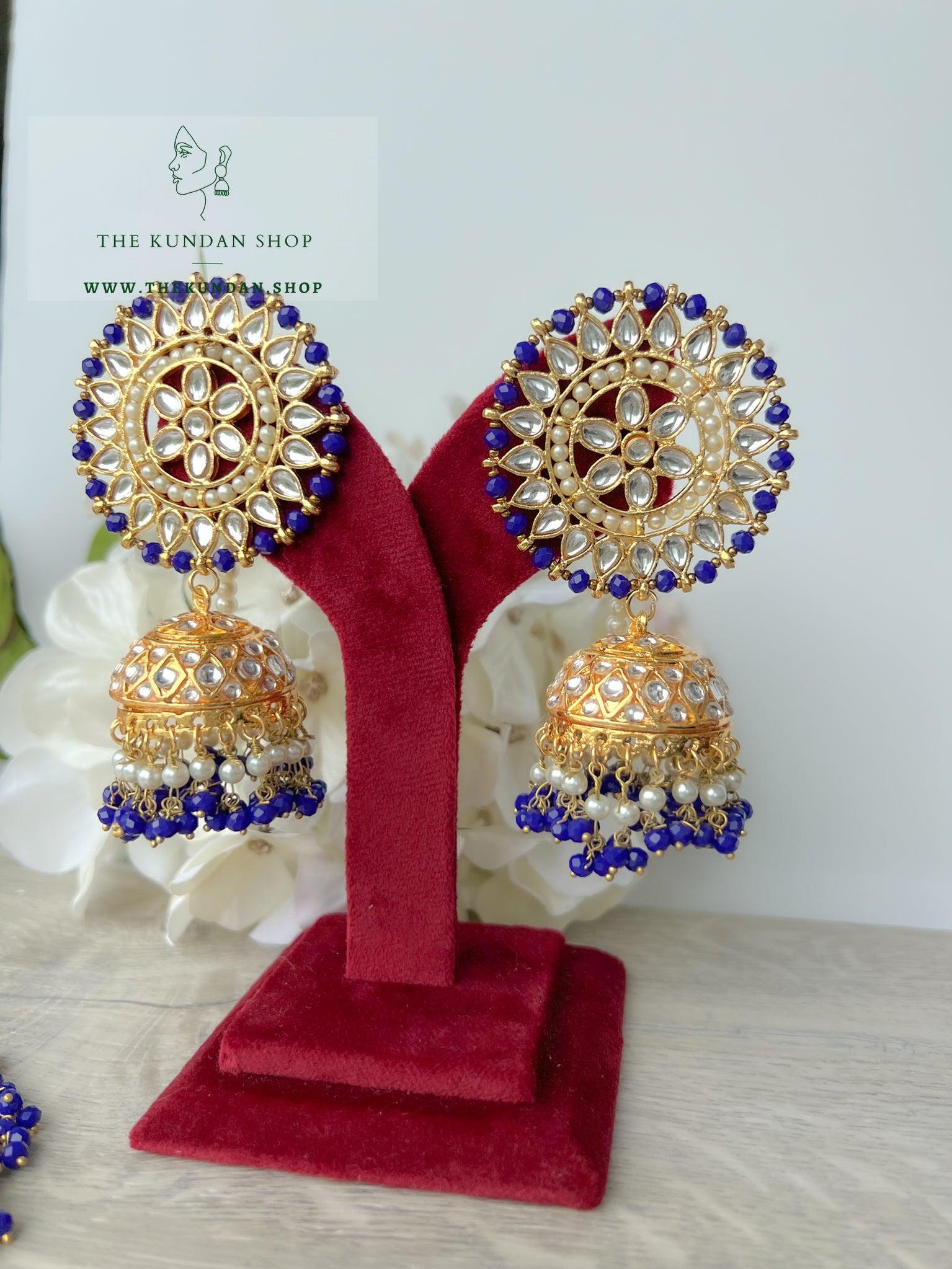 Floret Jhumkis in Midnight Blue Earrings + Tikka THE KUNDAN SHOP 