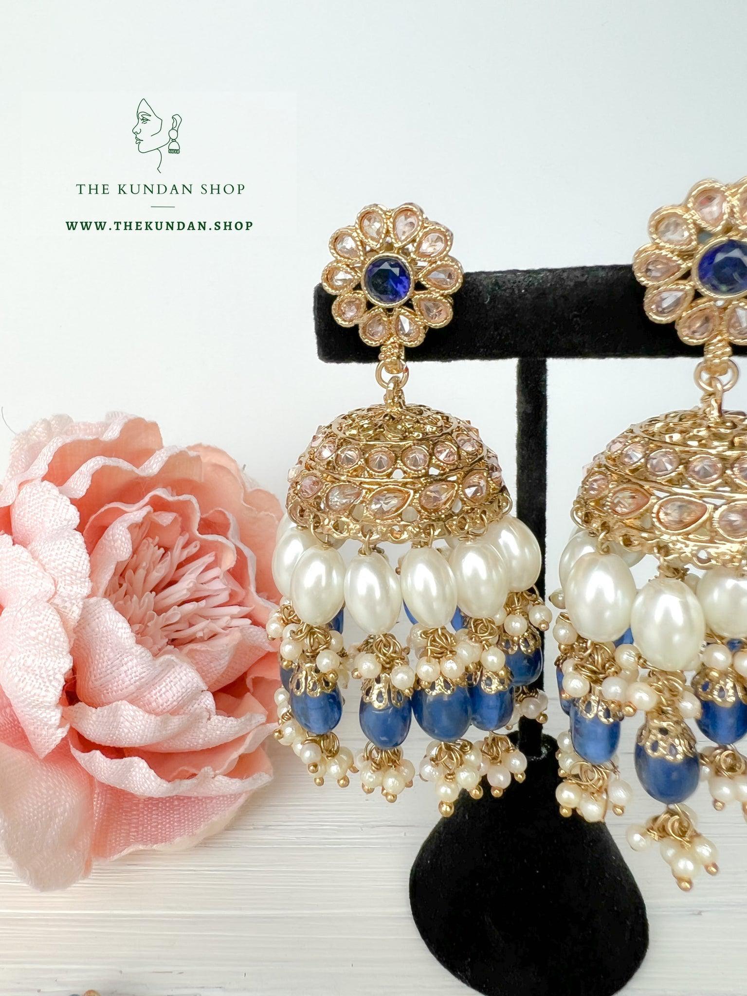 Finery Jhumkis in Midnight Blue Earrings + Tikka THE KUNDAN SHOP 
