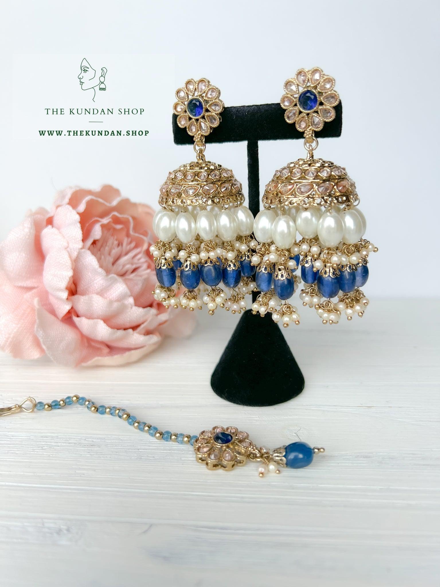 Finery Jhumkis in Midnight Blue Earrings + Tikka THE KUNDAN SHOP 