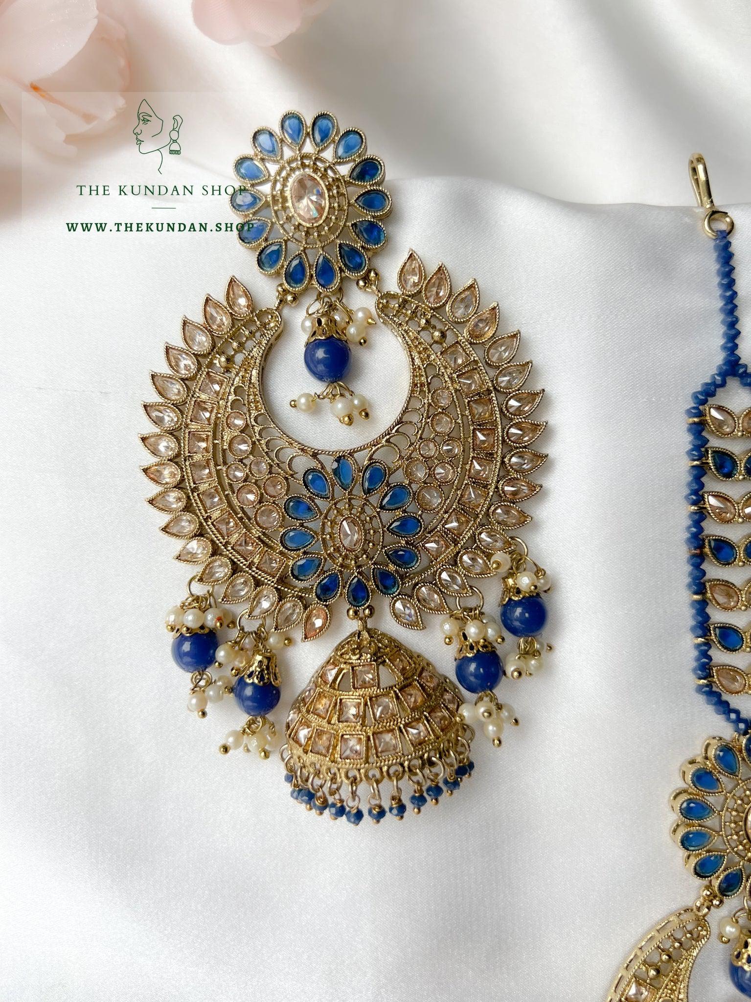 Chosen Polki in Midnight Blue Earrings + Tikka THE KUNDAN SHOP 