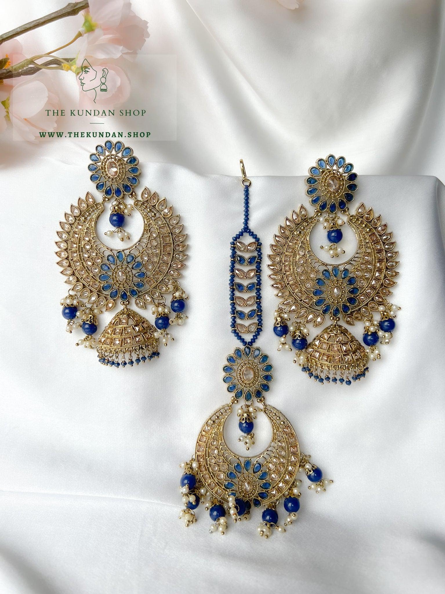 Chosen Polki in Midnight Blue Earrings + Tikka THE KUNDAN SHOP 