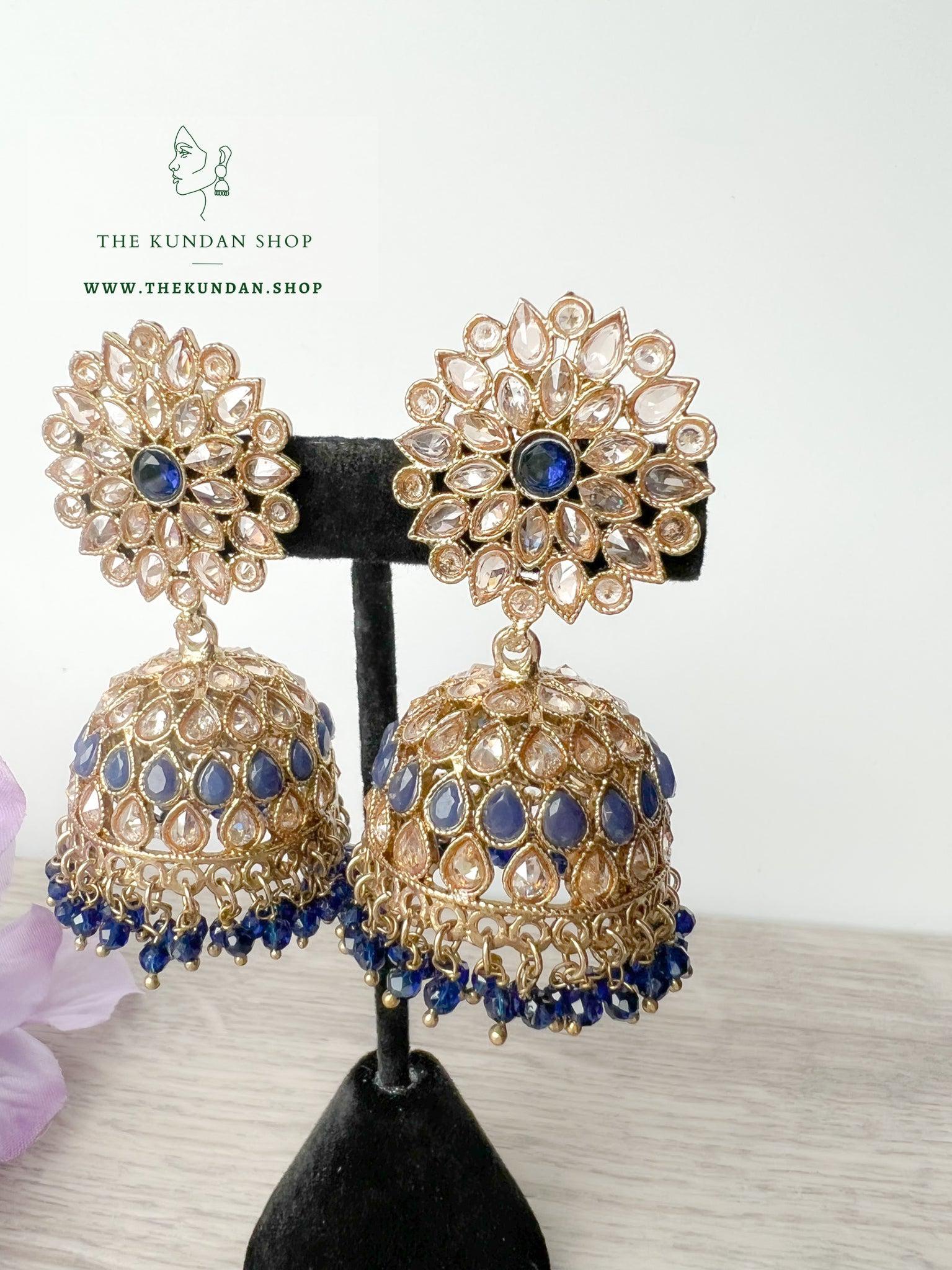 Misty Jhumkis in Midnight Blue Earrings + Tikka THE KUNDAN SHOP 