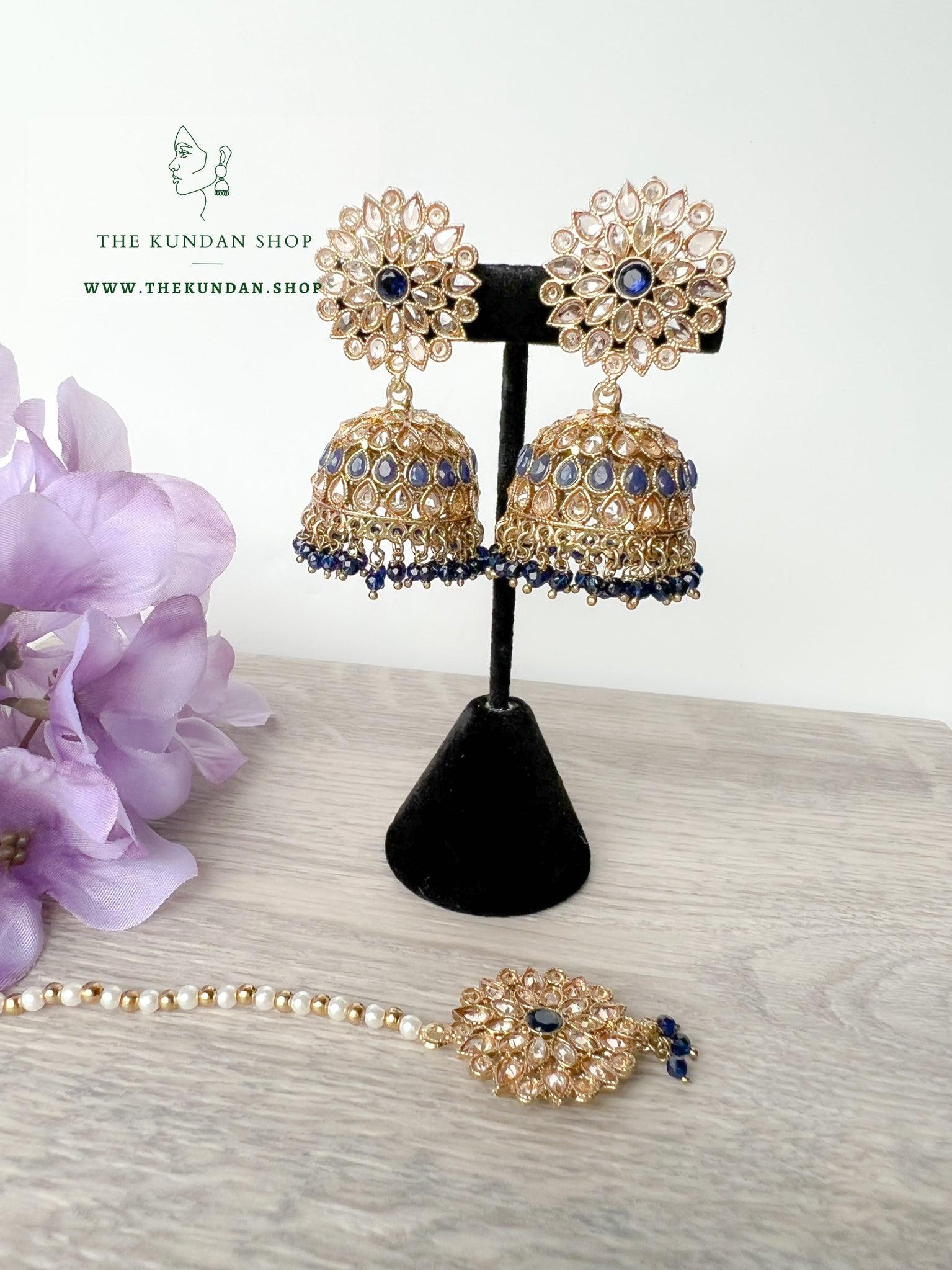 Misty Jhumkis in Midnight Blue Earrings + Tikka THE KUNDAN SHOP 