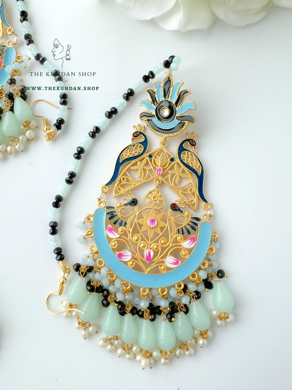 Serene Moorni in Mint, Blue Earrings + Tikka THE KUNDAN SHOP 