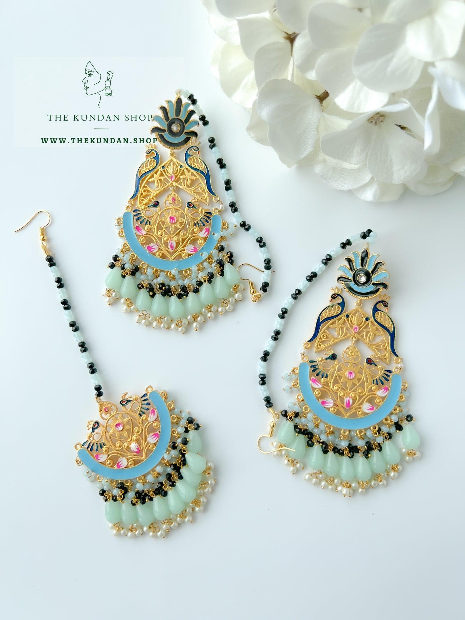 Serene Moorni in Mint, Blue Earrings + Tikka THE KUNDAN SHOP 