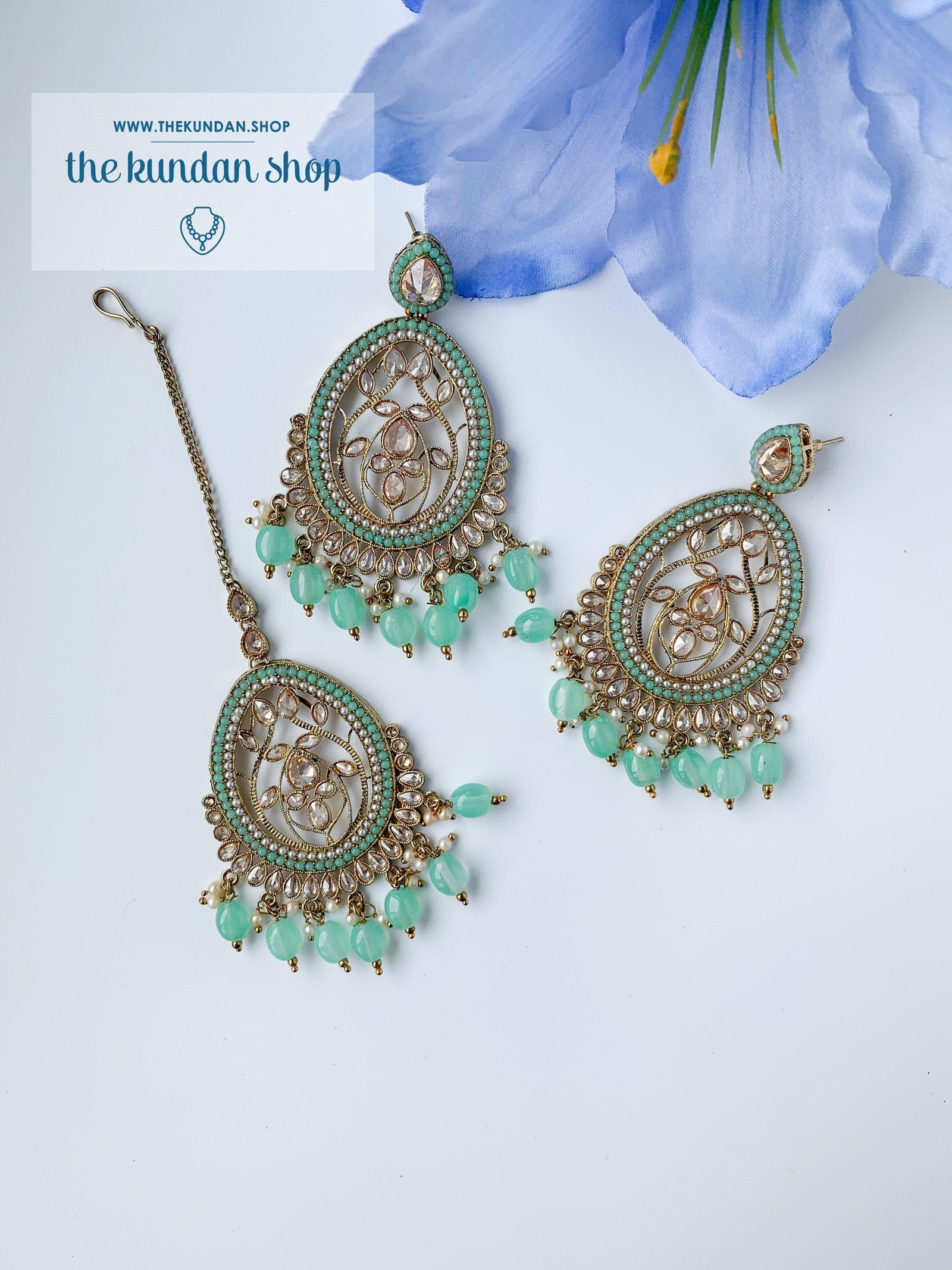 Forgiving in Pearl - Mint Earrings + Tikka THE KUNDAN SHOP 
