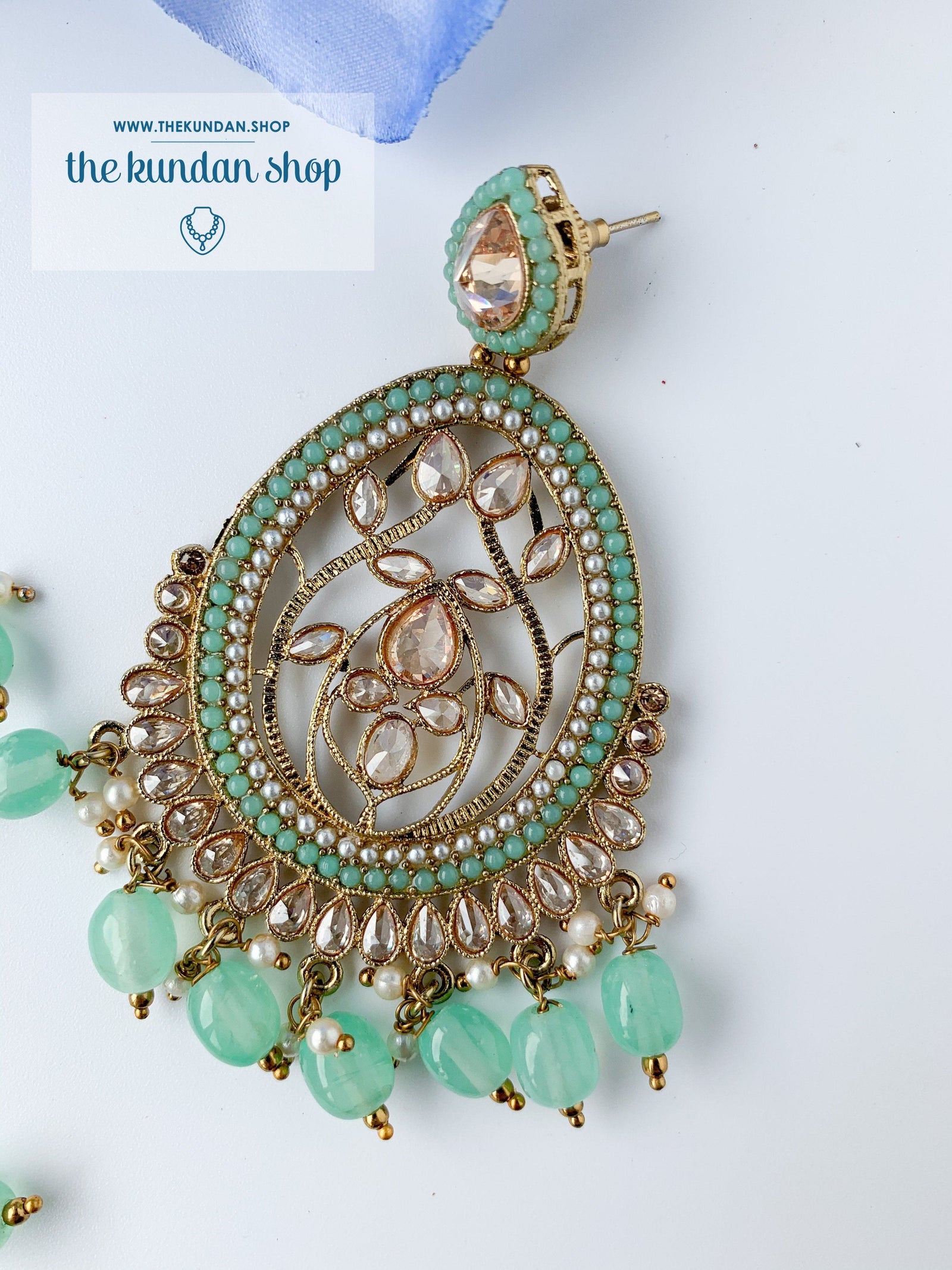 Forgiving in Pearl - Mint Earrings + Tikka THE KUNDAN SHOP 