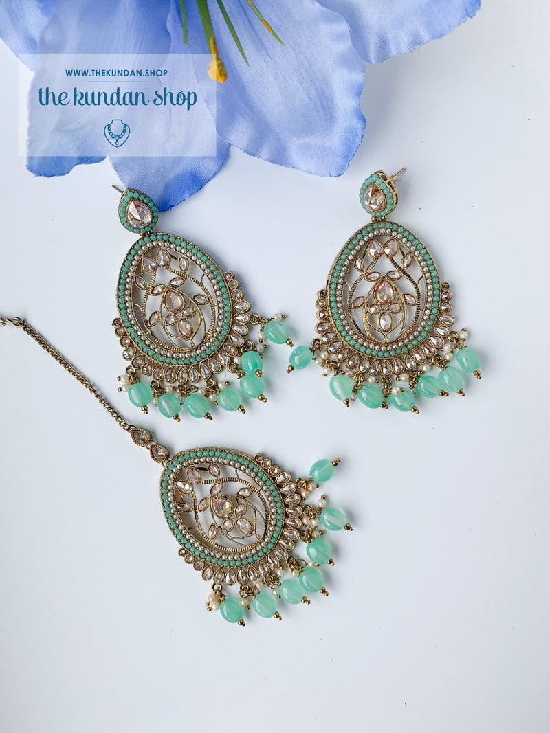Forgiving in Pearl - Mint Earrings + Tikka THE KUNDAN SHOP 