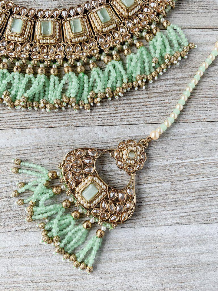 Pastel Fringe in Mint Necklace Sets THE KUNDAN SHOP 